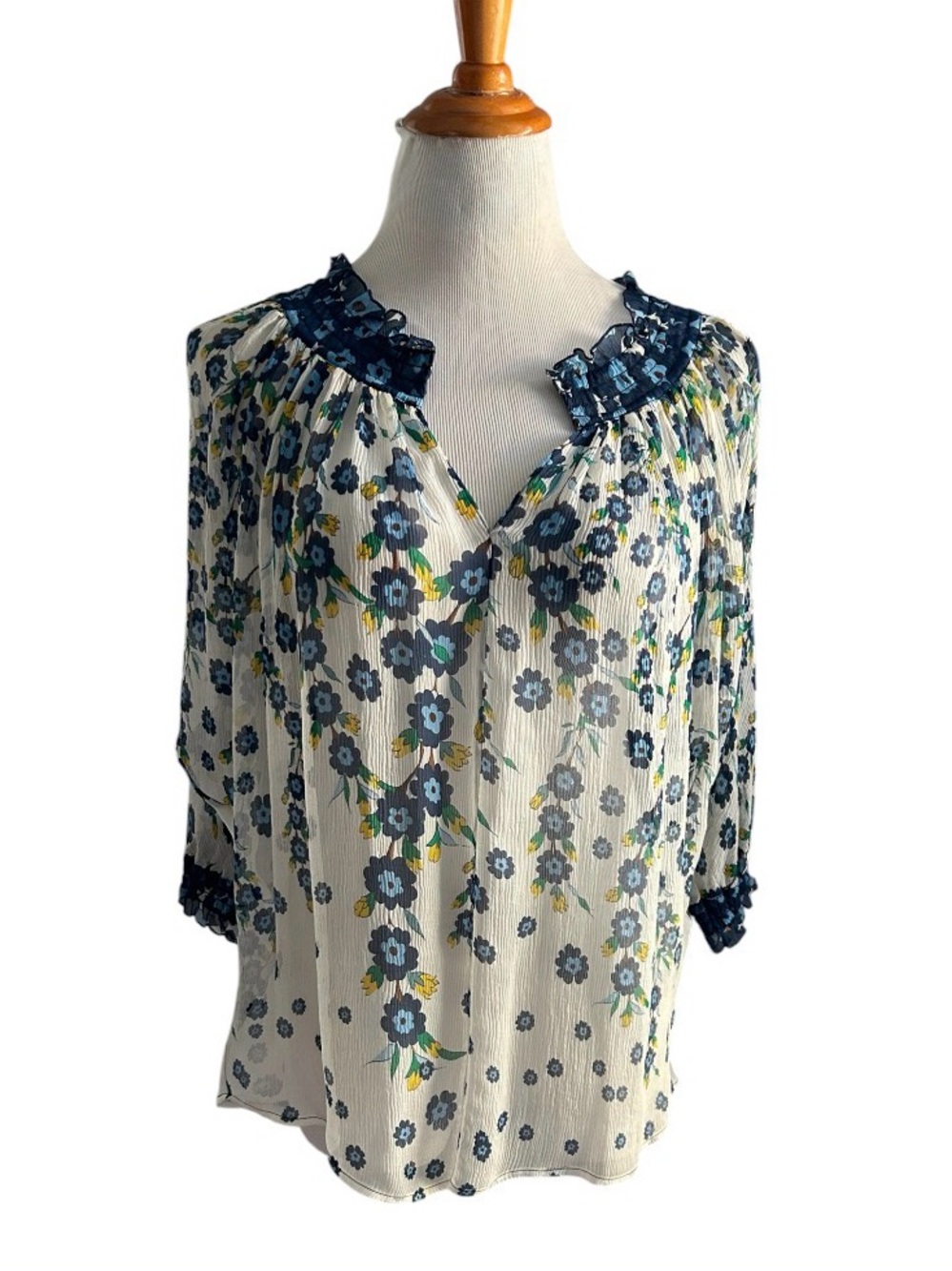 Diane Von Furstenberg Cream Blouse with Blue Floral Print